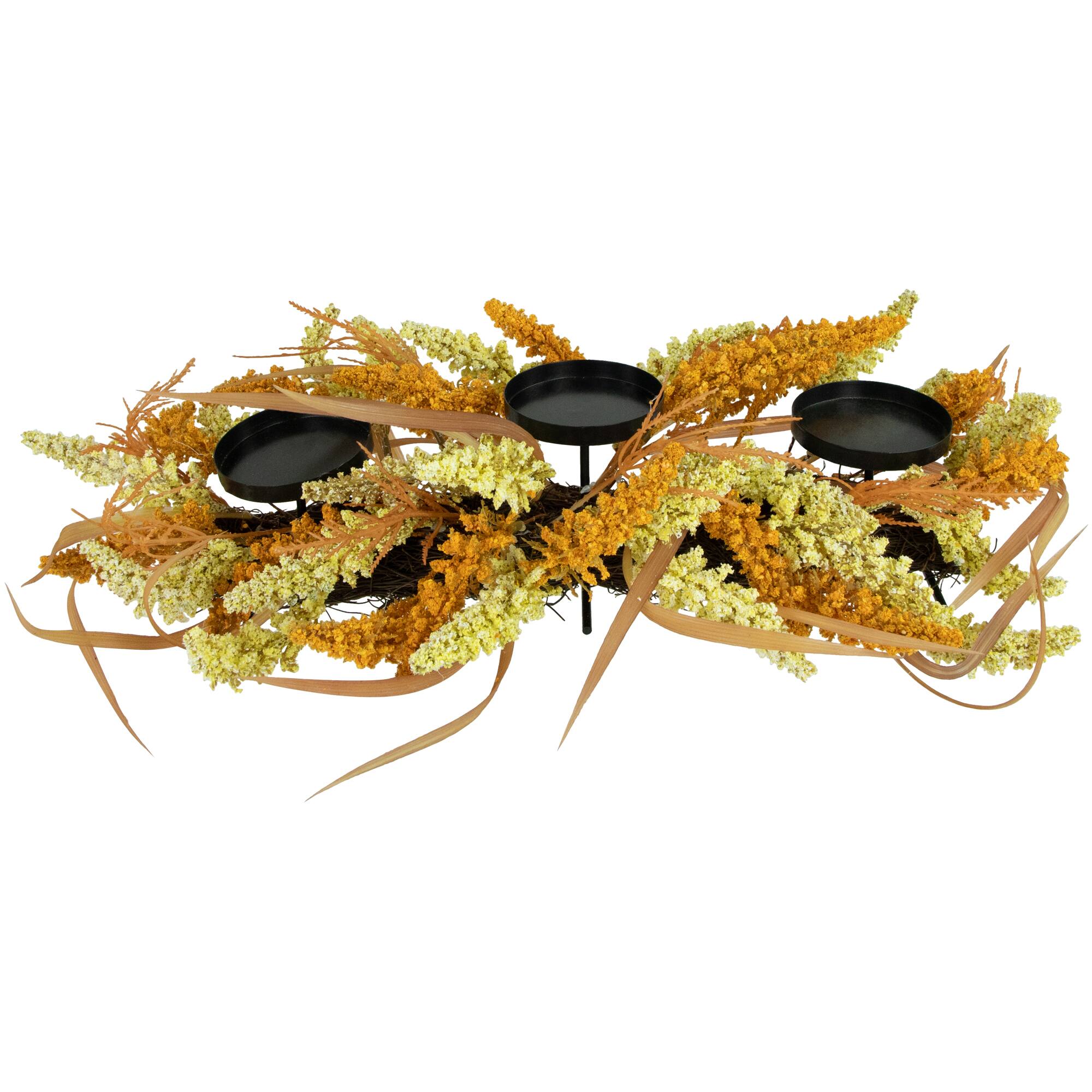 22" Autumn Harvest Triple Candle Holder with Artificial Fall Foliage